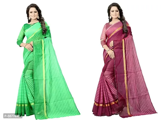 Stylish Fancy Cotton Silk Daily Wear Striped Saree With Blouse Piece For Women Pack Of 2