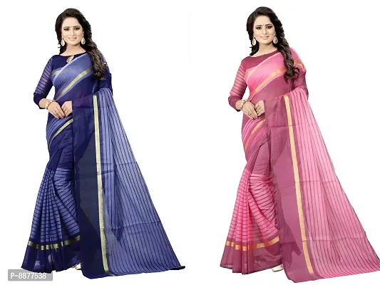 Stylish Fancy Cotton Silk Daily Wear Striped Saree With Blouse Piece For Women Pack Of 2