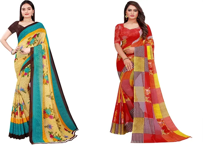 Stylish Fancy Georgette Saree With Blouse Piece Combo For Women Pack Of 2