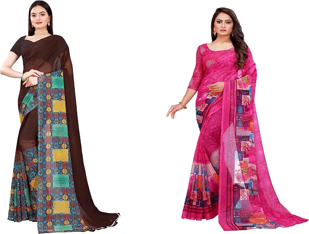 Elegant Daily Wear Georgette Women Saree With Blouse Piece -Pack Of 2