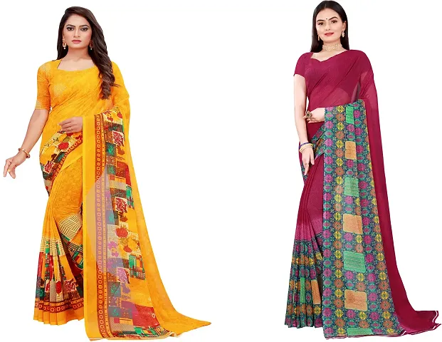 Elegant Daily Wear Georgette Women Saree With Blouse Piece -Pack Of 2