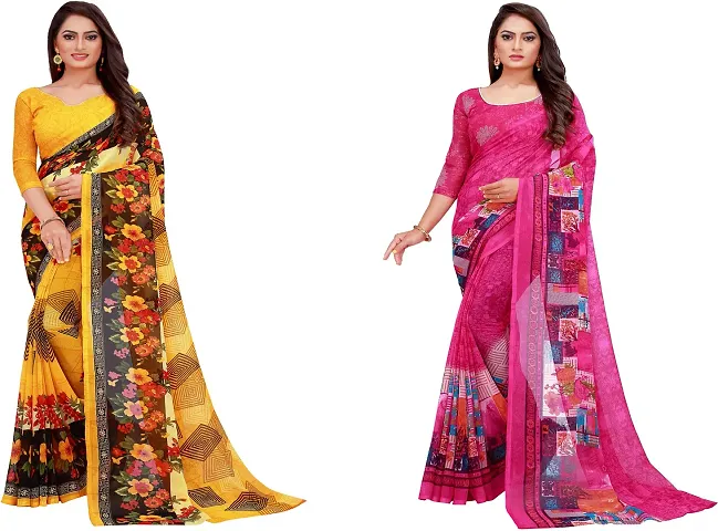 Elegant Daily Wear Georgette Women Saree With Blouse Piece -Pack Of 2