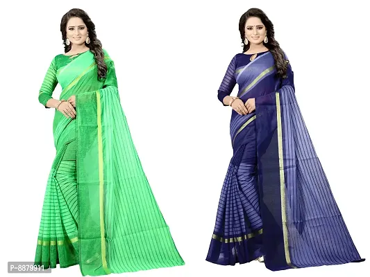 Stylish Fancy Cotton Silk Daily Wear Striped Saree With Blouse Piece For Women Pack Of 2