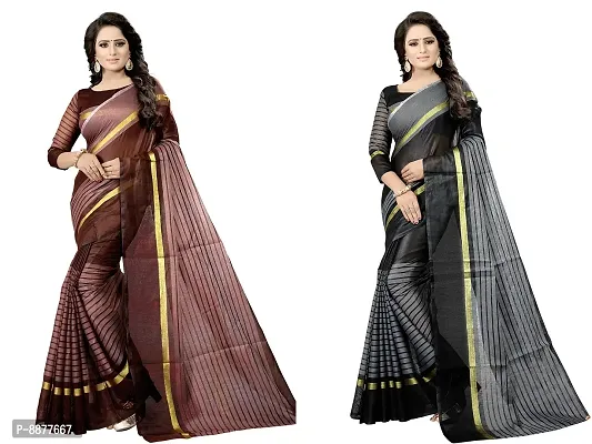 Stylish Fancy Cotton Silk Daily Wear Striped Saree With Blouse Piece For Women