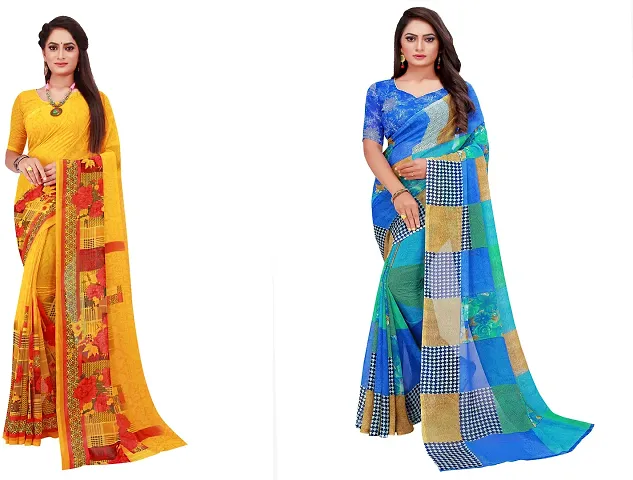 Stylish Fancy Georgette Saree With Blouse Piece Combo For Women Pack Of 2