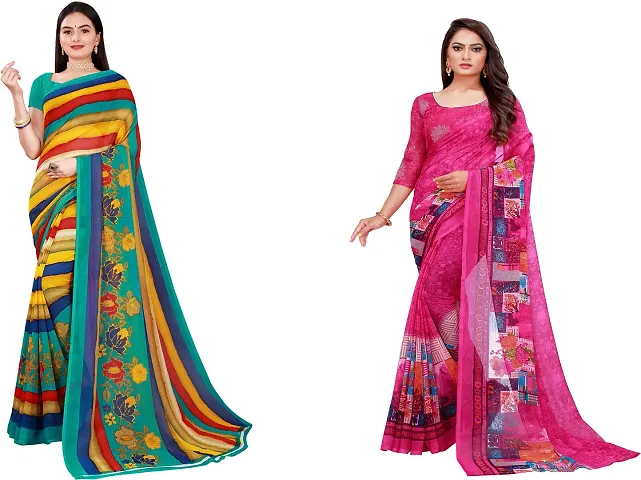 Elegant Daily Wear Georgette Women Saree With Blouse Piece -Pack Of 2