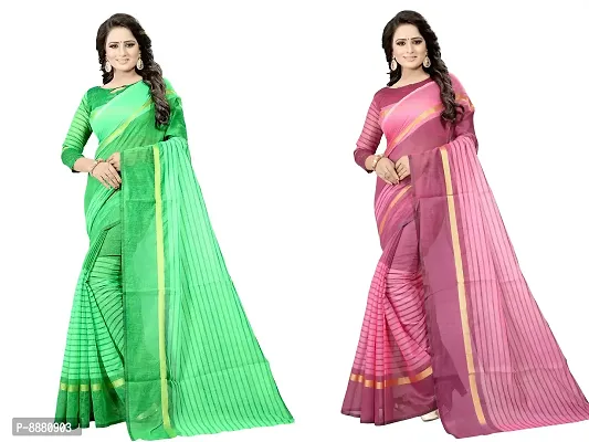 Stylish Fancy Cotton Silk Daily Wear Striped Saree With Blouse Piece For Women Pack Of 2-thumb0