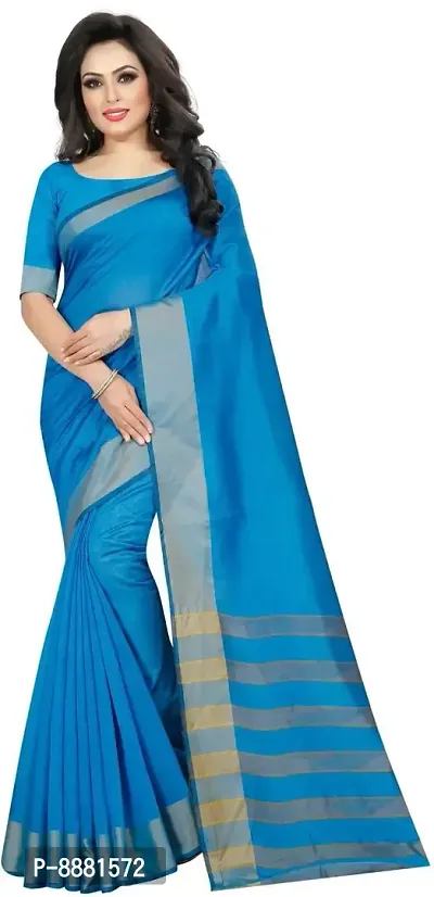 Stylish Fancy Cotton Silk Bollywood Striped Saree With Blouse Piece For Women-thumb0