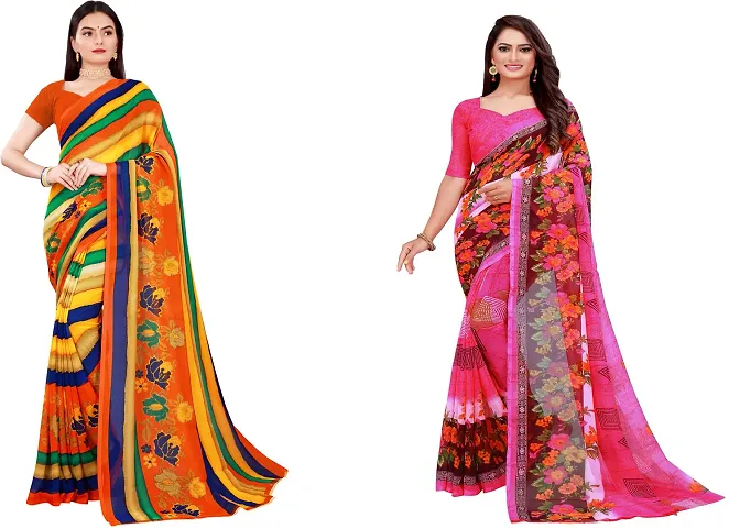 Elegant Daily Wear Georgette Women Saree With Blouse Piece -Pack Of 2