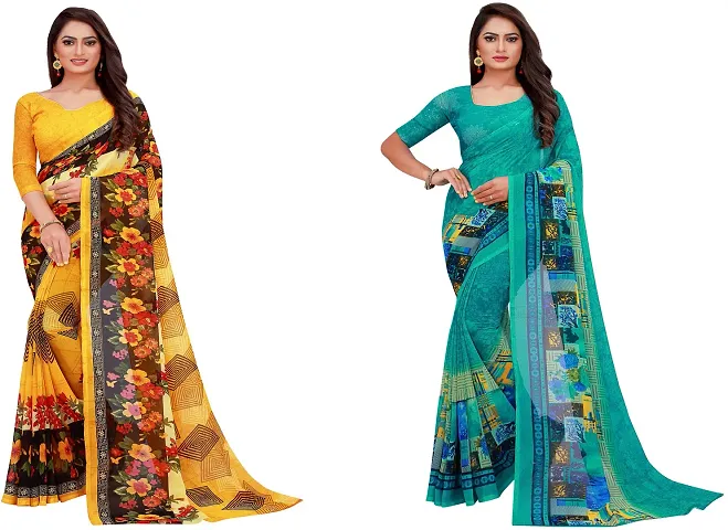 Stylish Fancy Georgette Saree With Blouse Piece Combo For Women Pack Of 2