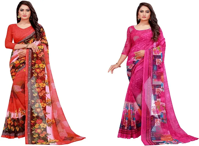 Elegant Daily Wear Georgette Women Saree With Blouse Piece -Pack Of 2