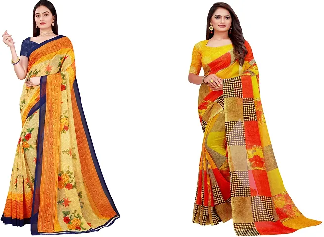 Stylish Fancy Georgette Saree With Blouse Piece Combo For Women Pack Of 2