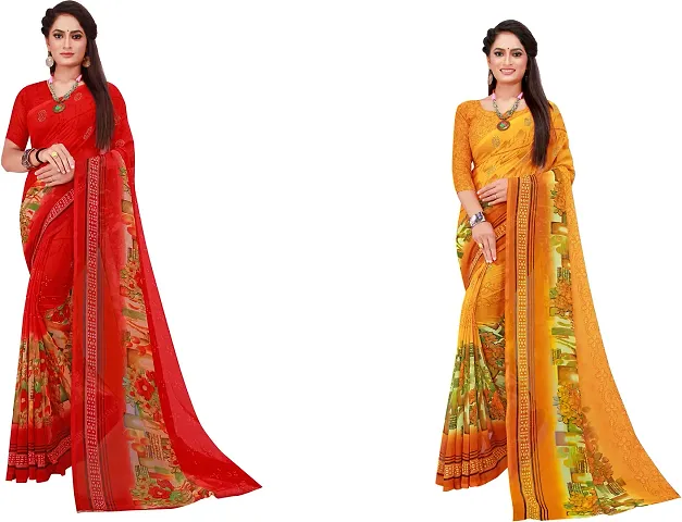 Elegant Daily Wear Georgette Women Saree With Blouse Piece -Pack Of 2