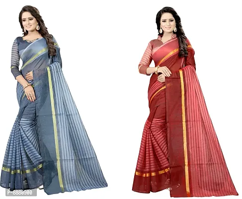 Stylish Fancy Cotton Silk Daily Wear Striped Saree With Blouse Piece For Women Pack Of 2-thumb0