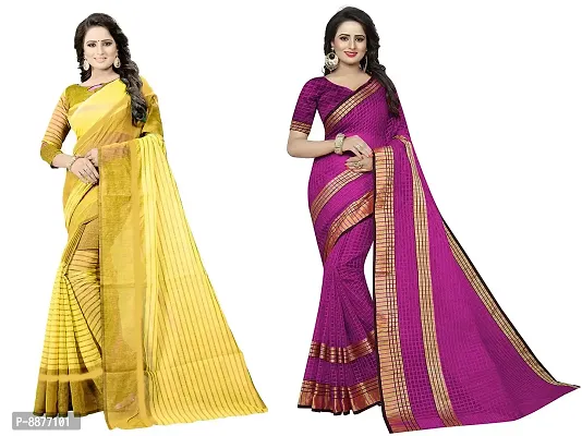 Stylish Fancy Cotton Silk Daily Wear Striped Saree With Blouse Piece For Women Pack Of 2-thumb0