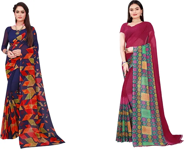 Elegant Daily Wear Georgette Women Saree With Blouse Piece -Pack Of 2