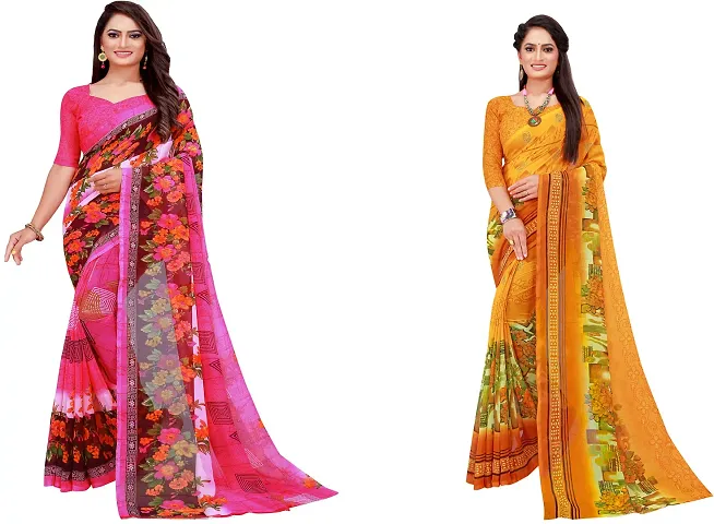 Elegant Daily Wear Georgette Women Saree With Blouse Piece -Pack Of 2