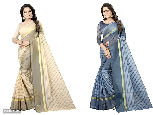 Stylish Fancy Cotton Silk Daily Wear Striped Saree With Blouse Piece For Women-thumb0