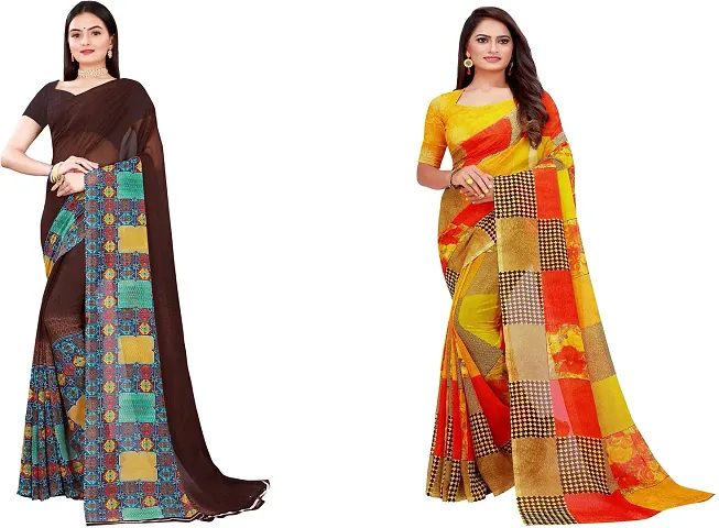 Stylish Fancy Georgette Saree With Blouse Piece Combo For Women Pack Of 2