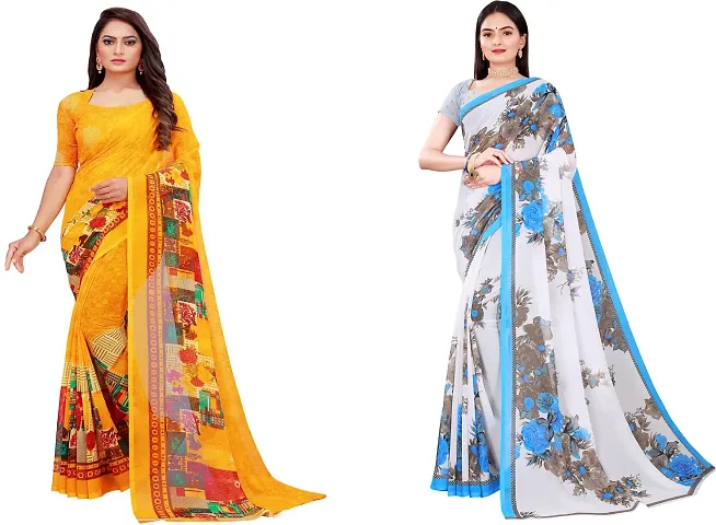 Stylish Fancy Georgette Saree With Blouse Piece Combo For Women Pack Of 2