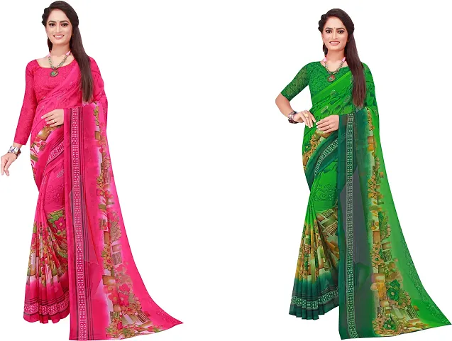 Stylish Fancy Georgette Saree With Blouse Piece Combo For Women Pack Of 2