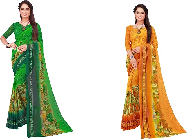 Stylish Fancy Georgette Saree With Blouse Piece Combo For Women Pack Of 2