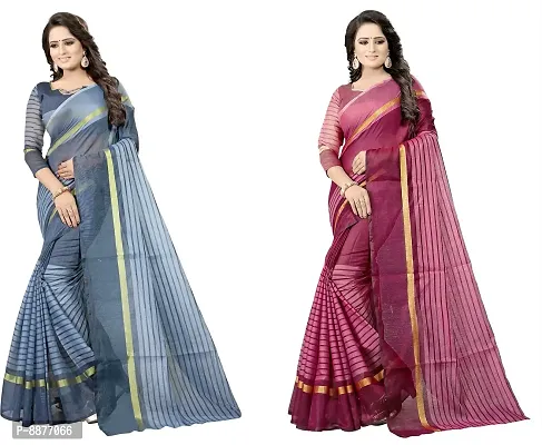 Stylish Fancy Cotton Silk Daily Wear Striped Saree With Blouse Piece For Women Pack Of 2-thumb0