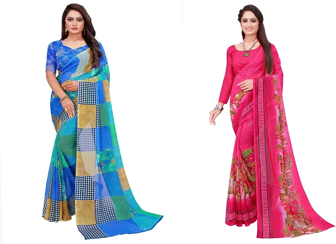 Stylish Fancy Georgette Saree With Blouse Piece Combo For Women Pack Of 2