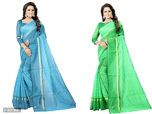 Stylish Fancy Cotton Silk Daily Wear Striped Saree With Blouse Piece For Women Pack Of 2-thumb0