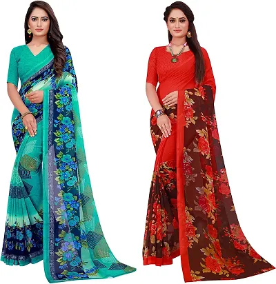 Stylish Fancy Georgette Saree With Blouse Piece Combo For Women Pack Of 2