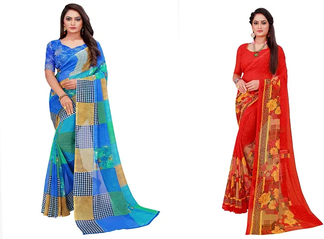 Stylish Fancy Georgette Saree With Blouse Piece Combo For Women Pack Of 2