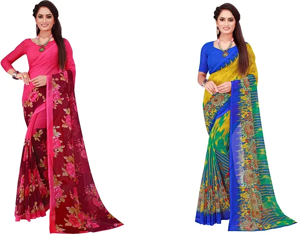 Stylish Fancy Georgette Daily Wear Saree With Blouse Piece For Women Pack Of 2