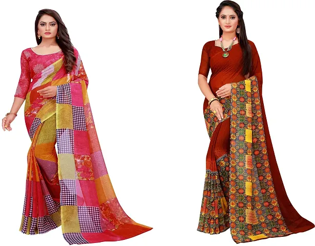 Stylish Fancy Georgette Saree With Blouse Piece Combo For Women Pack Of 2