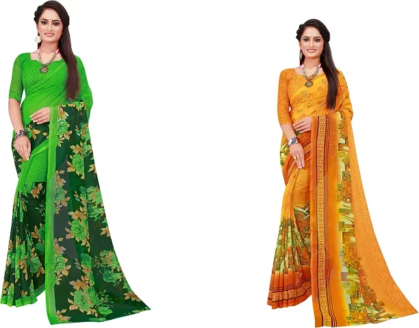 Elegant Daily Wear Georgette Women Saree With Blouse Piece -Pack Of 2