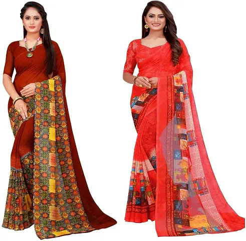 Stylish Fancy Georgette Saree With Blouse Piece Combo For Women Pack Of 2