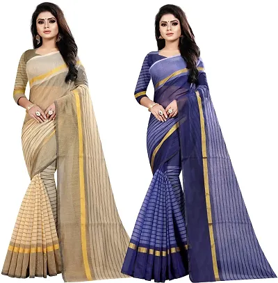 Buy One Get One Free!!: Multicolored Striped Cotton Silk Sarees