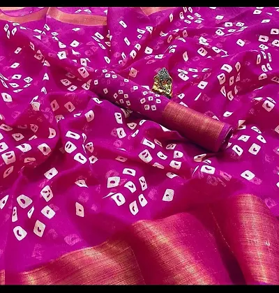 Trendy Cotton Silk Bandhani Printed Zari Border Sarees with Blouse Piece