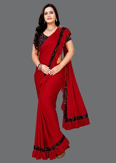 Beautiful Lycra Blend Embellished Saree With Blouse Piece For Women