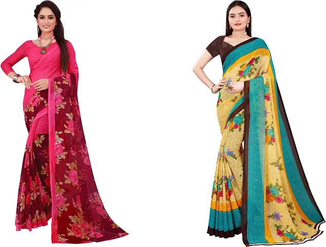 Stylish Georgette Multicoloured Daily Wear Saree With Blouse Piece For Women Pack Of 2