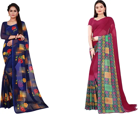 Elegant Daily Wear Georgette Women Saree With Blouse Piece -Pack Of 2