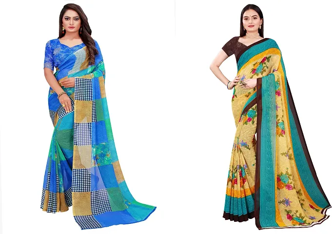 Stylish Fancy Georgette Saree With Blouse Piece Combo For Women Pack Of 2