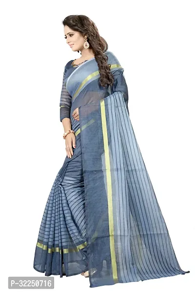 Stylish Grey Cotton Silk Striped Saree with Blouse piece For Women-thumb2