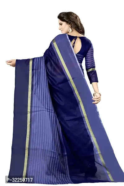 Stylish Navy Blue Cotton Silk Striped Saree with Blouse piece For Women-thumb3