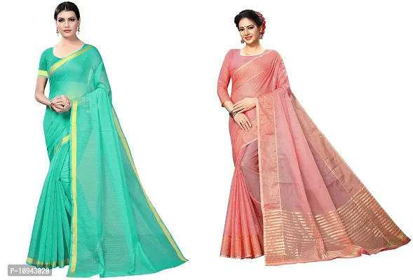 Stylish Cotton Blend Saree With Blouse Piece For Women Pack Of 2