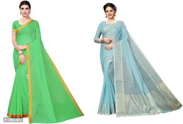 Stylish Cotton Blend Saree With Blouse Piece For Women Pack Of 2