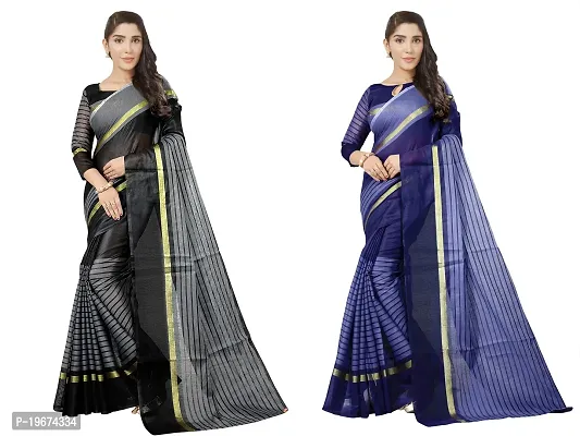 Women Stylish Net Striped Saree with Blouse piece