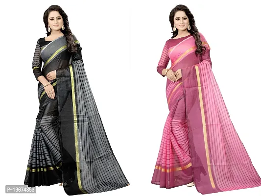 Women Stylish Cotton Silk Striped Saree with Blouse piece-thumb0