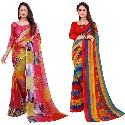 Stylish Georgette Saree With Blouse Piece For Women Pack Of 2