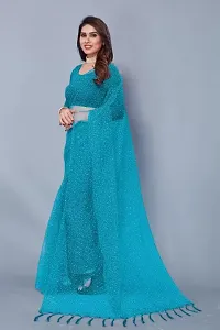 Stylish Turquoise Net Solid Saree with Blouse piece For Women-thumb1