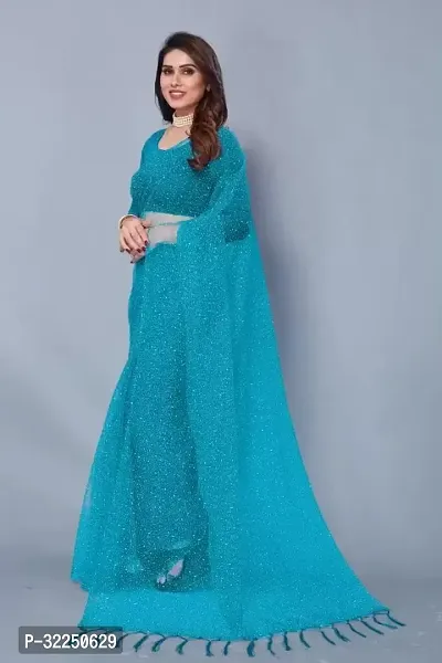 Stylish Turquoise Net Solid Saree with Blouse piece For Women-thumb2